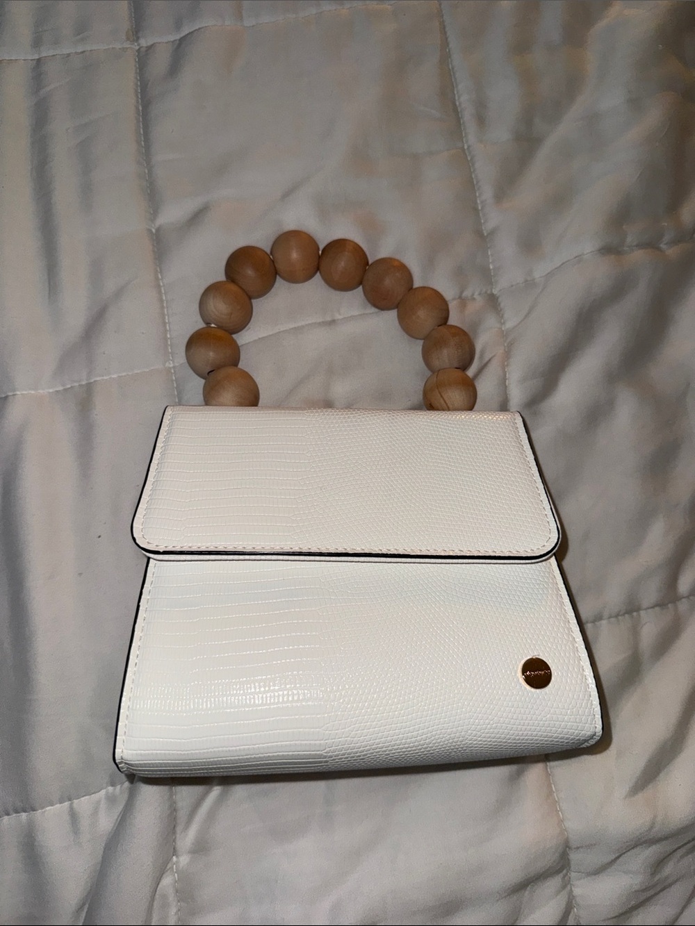 Olga Berg White Mini Top-Handle Bag with Wooden Bead Handle